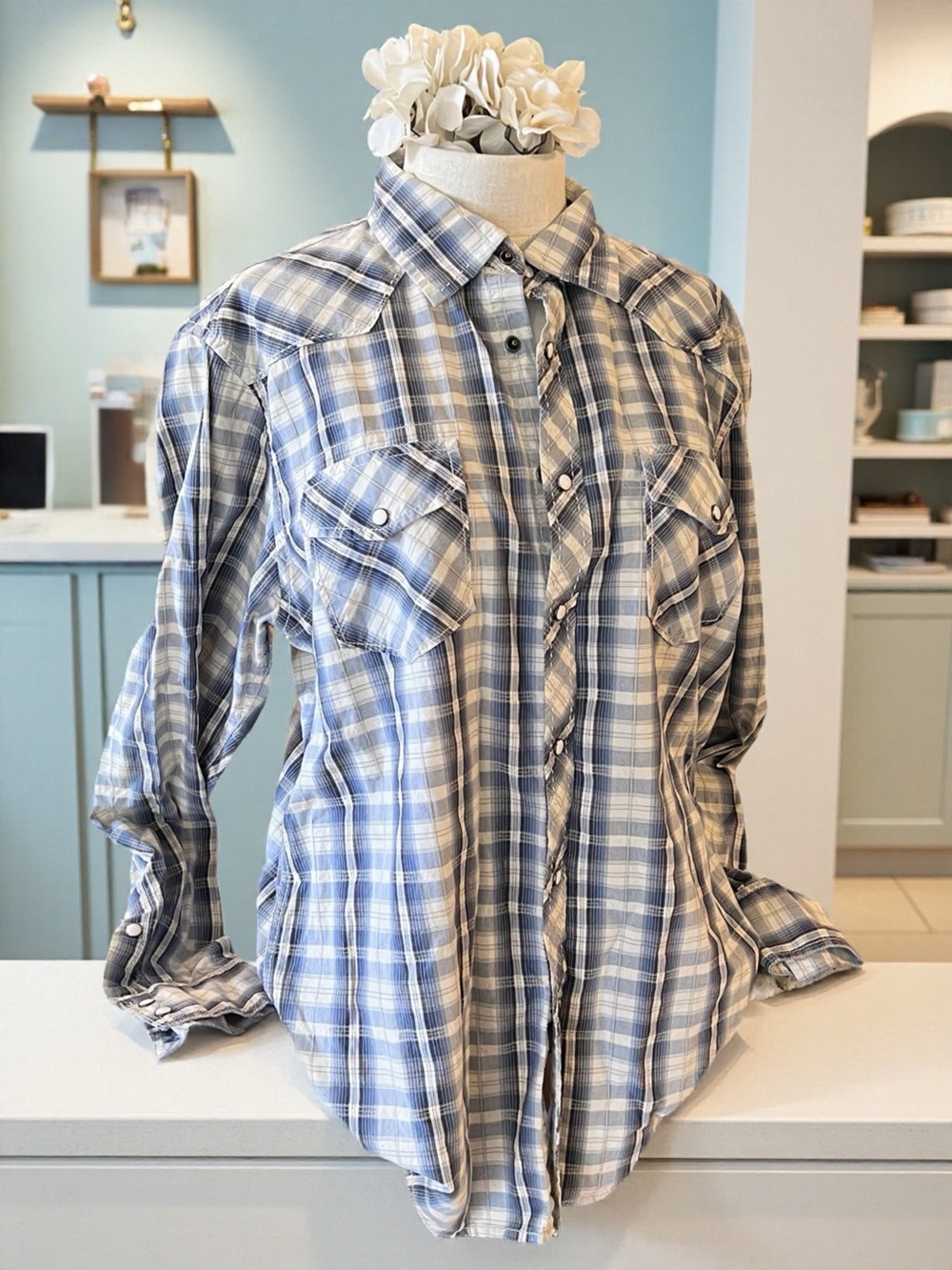 INC International Concepts Light Blue and White Plaid Button-Down Shirt